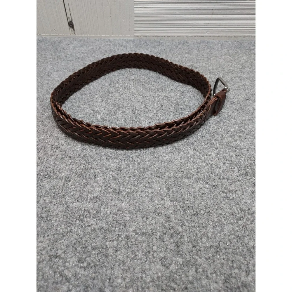 Gap Women Braided Belt 34W Brown Leather Silver Buckle Adjustable Holes Casual